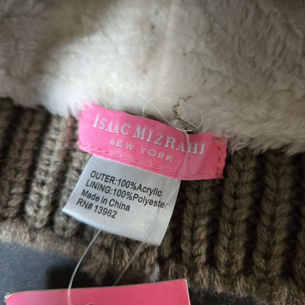 Isaac Mizrahi Beige Super Soft Ribbed Knit Pom Pom Beanie Fleece Lined Warm - Picture 7 of 10